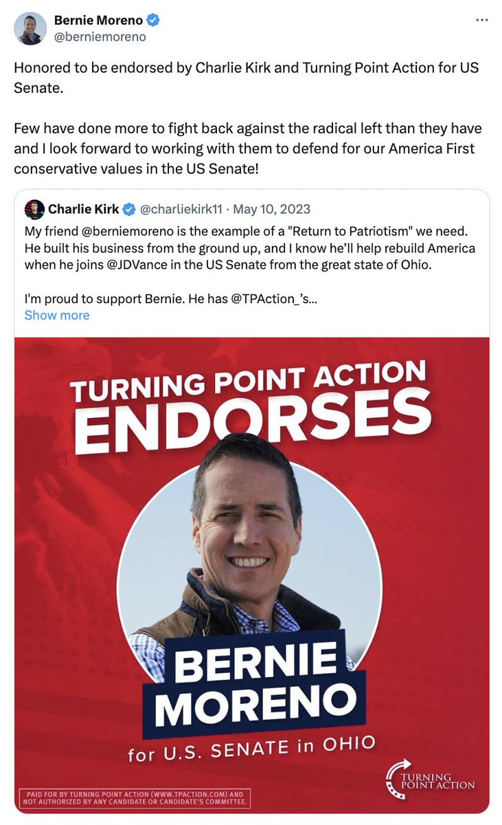 2. Moreno benefited from an early endorsement from Kirk's org, @TPAction_. Moreno wrote that he was 'honored to be endorsed by Charlie Kirk and Turning Point Action' and endorsed the work of the org. 'Few have done more to fight back against the radical left than they have. and…