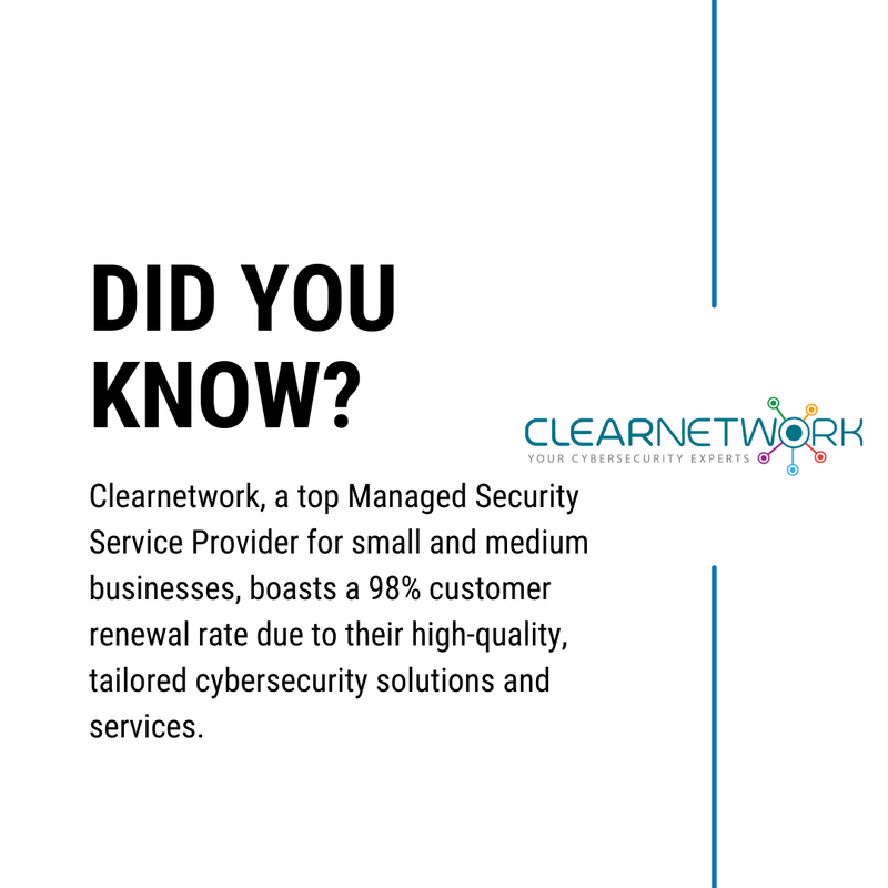 Did you know that Clearnetwork, a top-tier Managed Security Service Provider, boasts a whopping 98% customer renewal rate? 🎉
⠀⠀⠀⠀⠀⠀⠀⠀⠀
#CyberSecurity #Clearnetwork #BusinessProtection #CloudSecurity #IntrusionDetection #Compliance #ManagedSecurity #CyberThreats