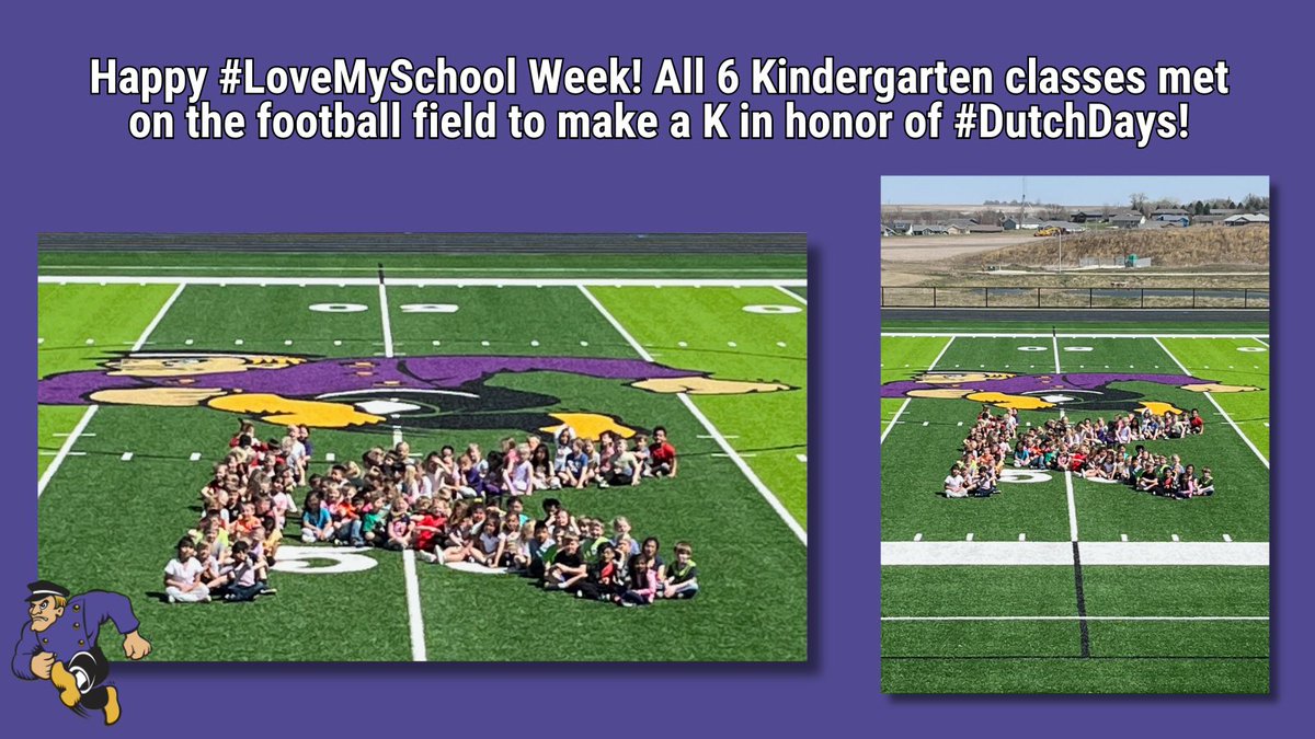Happy #LoveMySchool Week! All 6 Kindergarten classes met on the football field to make a K in honor of #DutchDays! 🏈💜