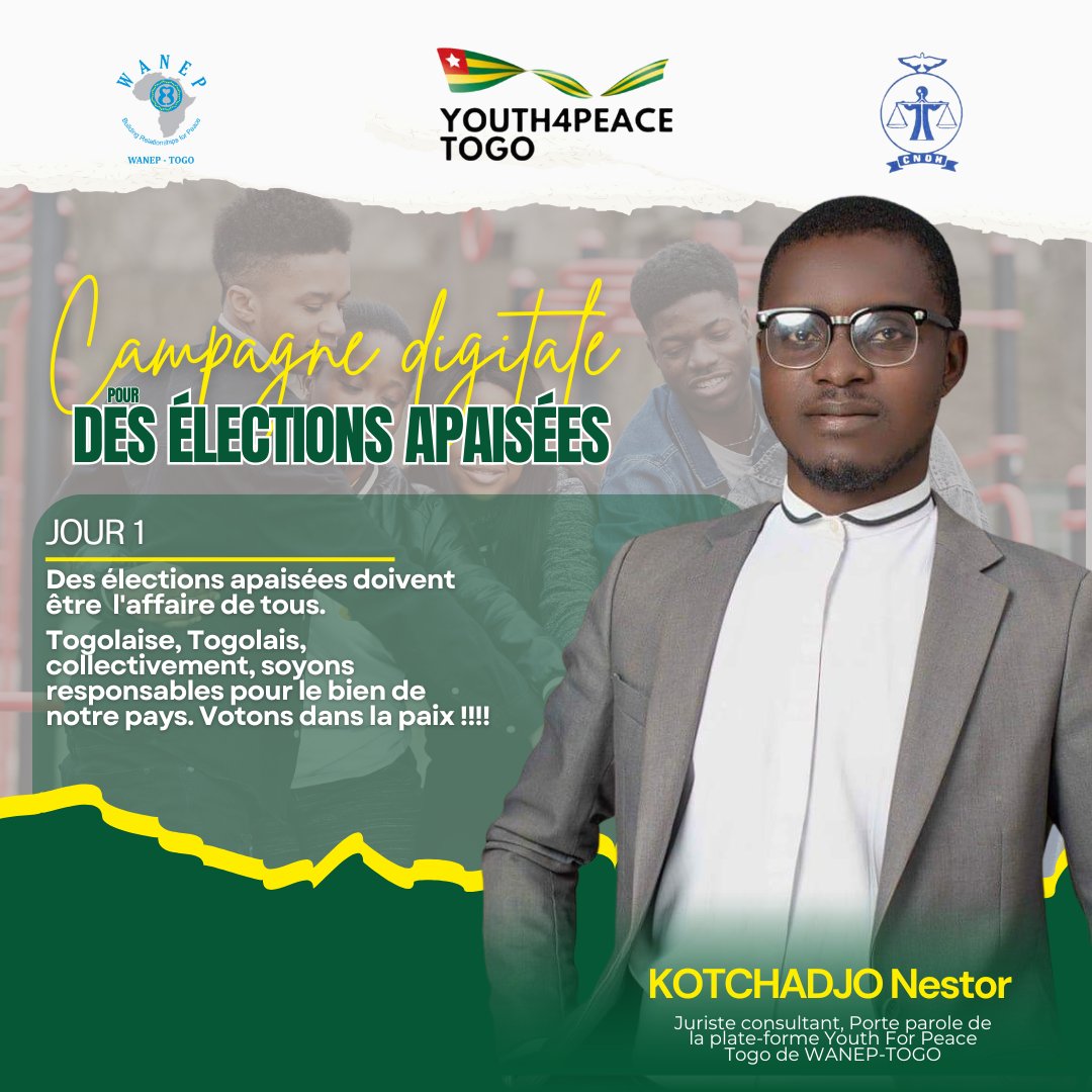 Lancement de la campagne digitale de la <a href="/CndhTogo/">CNDH TOGO</a> et WANEP-Togo en collaboration avec Youth4Peace-Togo, pour des élections législatives et régionales apaisées au Togo.
Ensemble, engageons-nous à préserver la paix en évitant toute forme de violence pendant ce processus électoral.