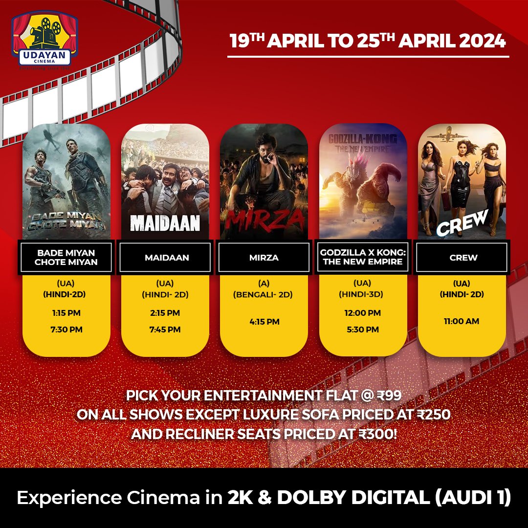 Pick your entertainment this week from #Maidaan, #BadeMiyanChoteMiyan, #Mirza, #GodzillaXKong: The New Empire, and #Crew at #UdayanCinema.  

Book your tickets at the box-office or online: bit.ly/UdayanCinema_T…