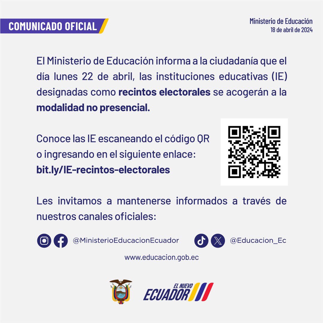 [COMUNICADO] Conoce las instituciones educativas designadas como recintos electorales, que se acogerán el día lunes 22 de abril a la modalidad no presencial. 📌 Ver listado ➡️ bit.ly/IE-recintos-el…