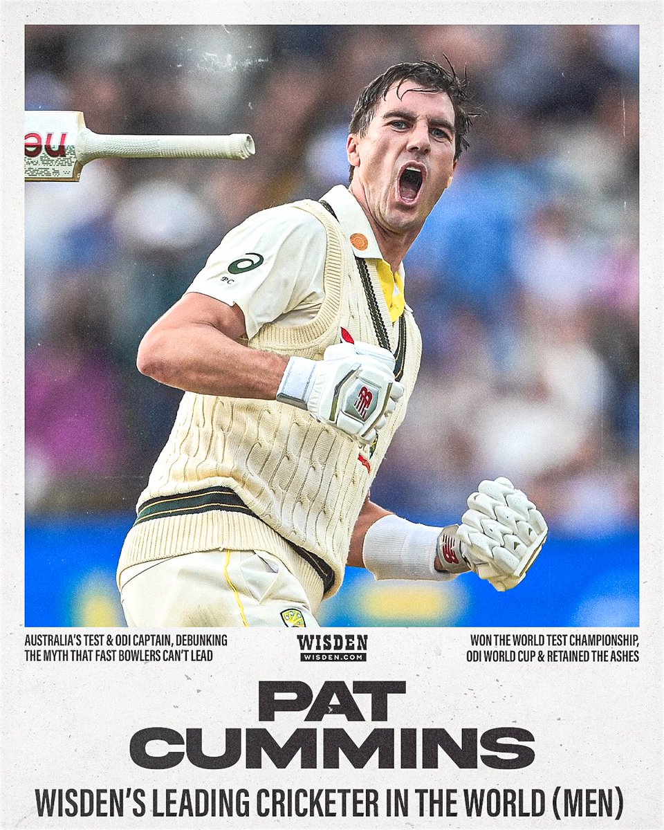 World Test Championship ✅
ODI World Cup ✅
Retained the Ashes ✅

#PatCummins has been named as Wisden's Leading Cricketer in the World (Men) 👑 #WisdenAwards

#OrangeArmy #SunrisersHyderabad #IPL2024