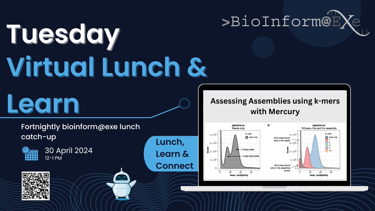 BioinformATExe's tweet image. Bioinform@Exe is back w. a whole new series of fortnightly lunch meet-ups, where people share publications, coolest tools, tutorials & all things bioinformatics!
First up is @theresa_wacker on the 30/04 at 12pm presenting how to assess assemblies using k-mers w. the tool Mercury