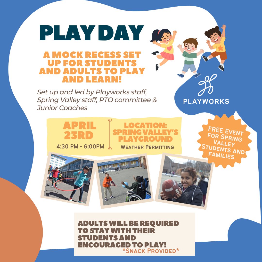 PlayworksMI's tweet photo. 📣SPRING VALLEY PLAY DAY!!! 📣

We are so excited to partner with Spring Valley next Tuesday to bring an after school Play Day for students and families. It will be such a BLAST and we hope to see some of you there!!

#PlayDay #Playworks #Playworksforeverykid https://t.co/wXFIIkq6v6