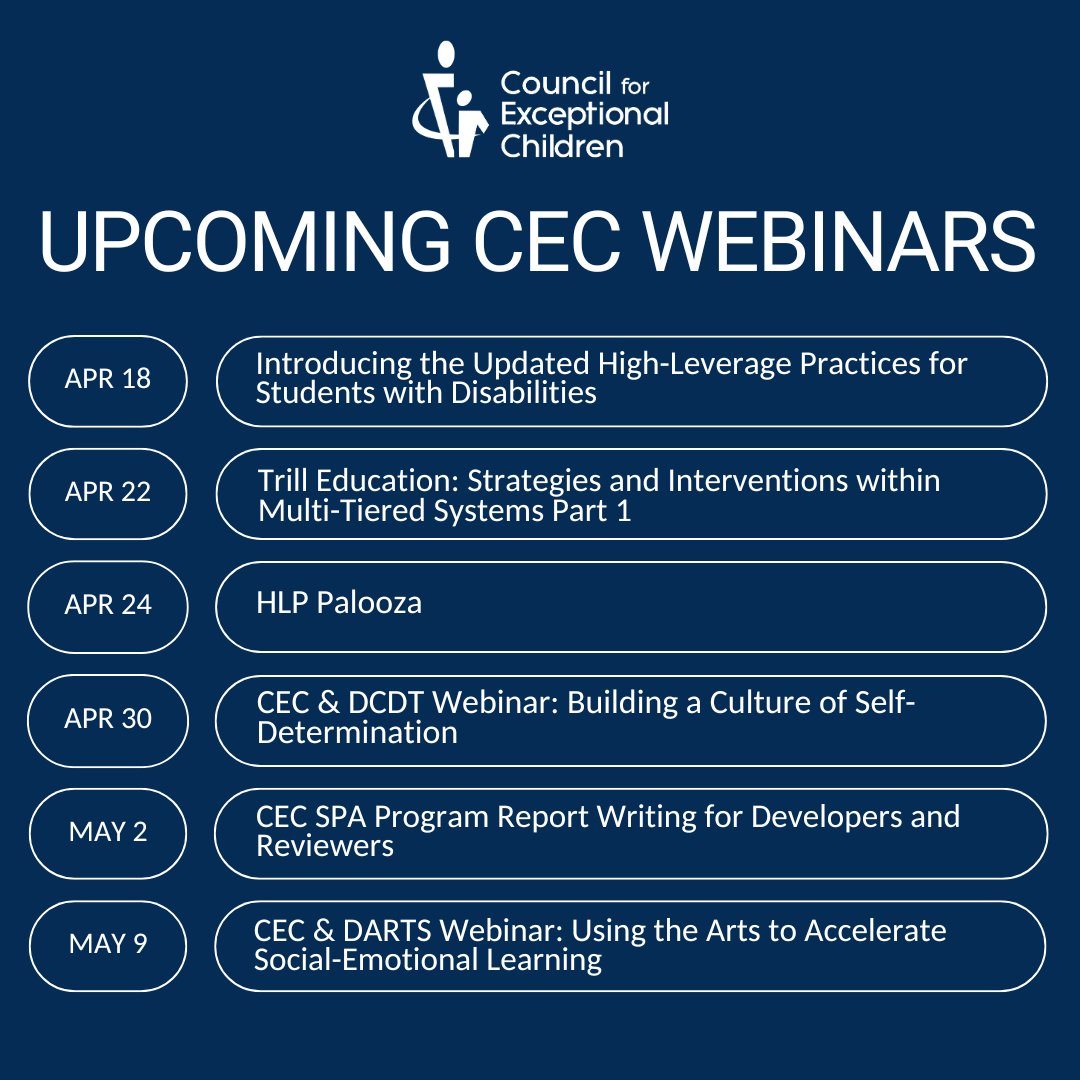 Get the latest information about the topics you need to know about! Attend one of our upcoming webinars to stay updated on the latest happenings in the special education field. exceptionalchildren.org/events