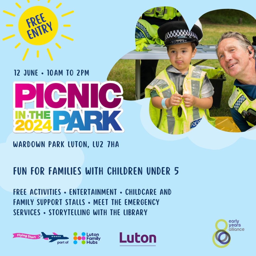 PICNIC IN THE PARK is back for 2024! Save the date- Wednesday 12 June, 10am to 2pm at Wardown Park #Luton Fun for #Families with children #under5 Free activities and #entertainment with lots of information available too!