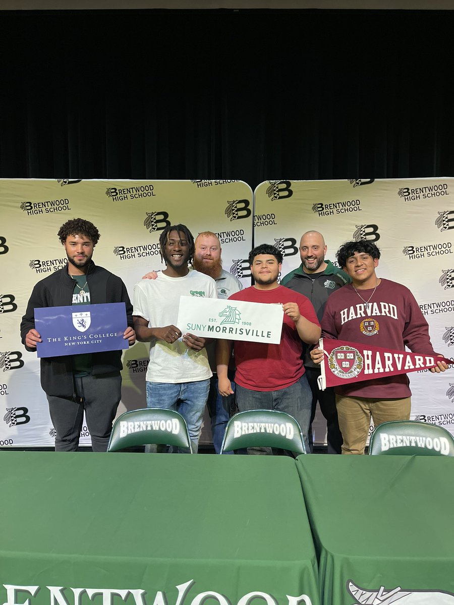 Brentwood Football (@bwoodfb) on Twitter photo Last night our athletic dept. celebrated our athletes who have committed to college. Congrats <a href="/GianSan25056619/">Gian Sanchez</a> <a href="/NeSean_hunt/">Nesean Hunt</a> <a href="/Ray_champ1/">Raymond penlavert</a> who are playing football in college & <a href="/CarlosG69141777/">Carlos Garcia</a> who received a full scholarship to Harvard. H.E.A.R.T.
<a href="/KingsCollegeFB/">King's Football 🏈</a> <a href="/MvilleMustangFB/">SUNY Morrisville Football</a> Last night our athletic dept. celebrated our athletes who have committed to college. Congrats <a href="/GianSan25056619/">Gian Sanchez</a> <a href="/NeSean_hunt/">Nesean Hunt</a> <a href="/Ray_champ1/">Raymond penlavert</a> who are playing football in college & <a href="/CarlosG69141777/">Carlos Garcia</a> who received a full scholarship to Harvard. H.E.A.R.T.
<a href="/KingsCollegeFB/">King's Football 🏈</a> <a href="/MvilleMustangFB/">SUNY Morrisville Football</a>