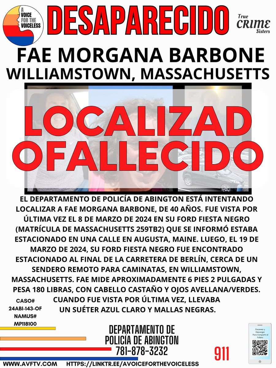 Heartbreaking #Update It is with a heavy heart that we share that #FaeMorganaBarbone was located deceased. During this difficult time, we kindly ask for your support for the family and respect for their privacy. Thank you for your understanding and condolences.