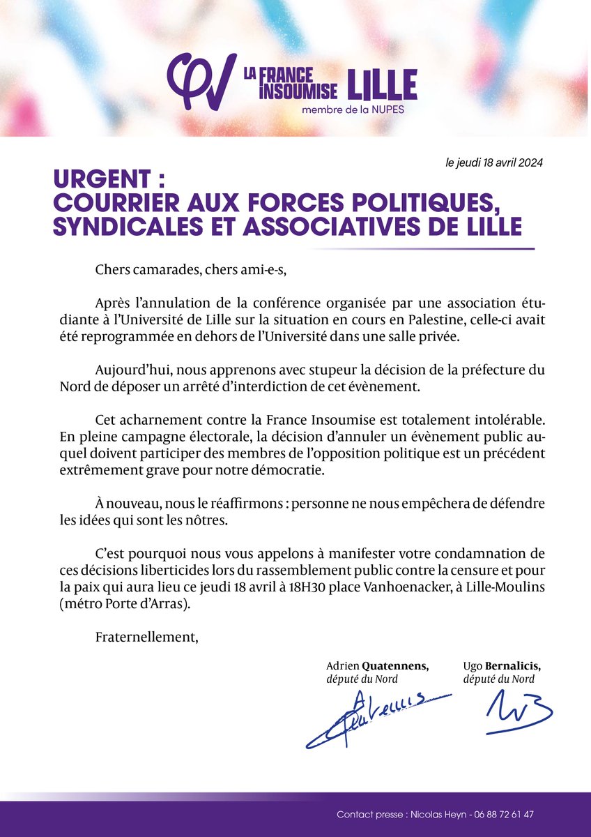 La conférence de @JLMelenchon et @RimaHas de nouveau interdite pourtant reprogrammée dans une salle privée. Nous appelons toutes les forces politiques, syndicales et asso à un rassemblement à 18h30 place Vanhoenacker à #Lille #ContreLaCensure ✊️