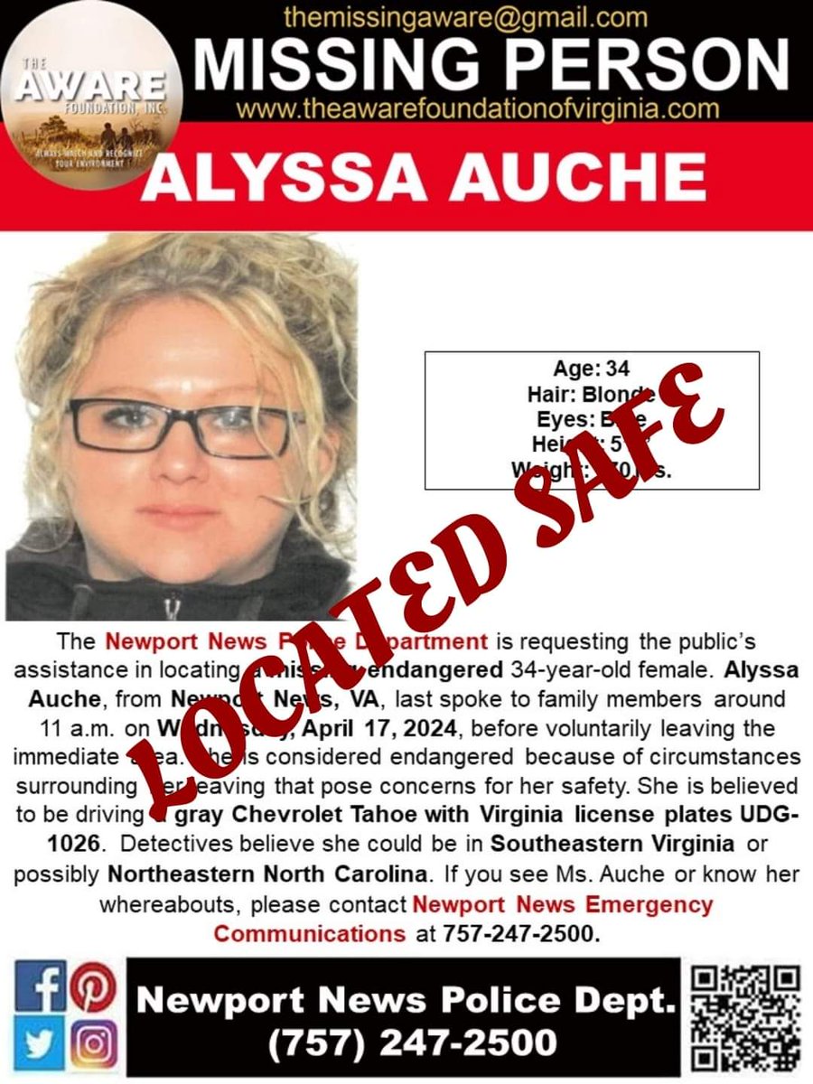 UPDATE: Ms. Auche has been located and is SAFE. Thanks again for your help.  #TheAWAREFoundation