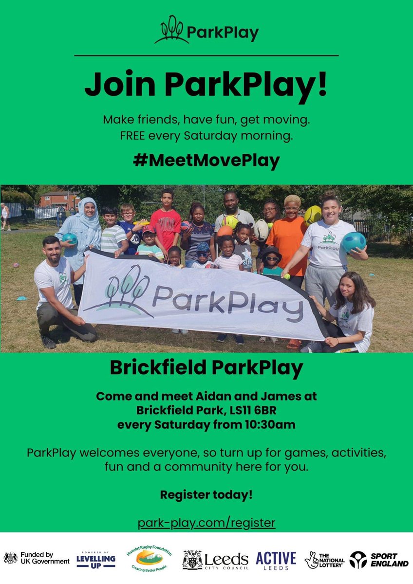 Every Saturday. Free Parkplay session for all ages in Brickfield Park (Beeston Hill) on Lady Pitt Lane. As the weather improves join others for fun. Everyone welcome. Register online park-play.com or pop along and meet ParkPlay leaders Aidan and James.