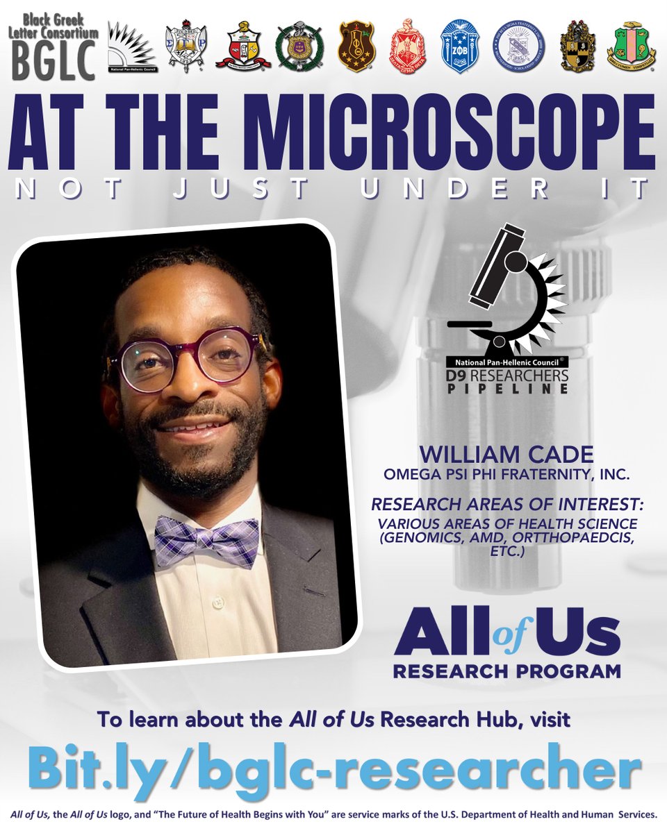 The National Pan-Hellenic Council Divine Nine Researchers Pipeline is diversifying research at the microscope AND in our communities. Meet D9 Researchers William Cade and Dr. Ashley Carter who are committed to making change possible. visit bit.ly/bglc-researcher