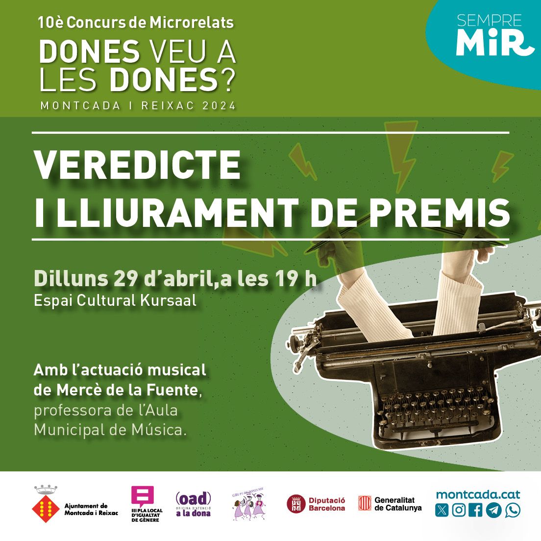 #Microrelats #DonesVeualesDones I el dilluns 29 d'abril tindrem el plaer de conèixer els microrelats premiats i les seves autores, el procés del jurat, tot acompanyat de l'actuació de Mercè de la Fuente! No t'ho pots perdre! 
<a href="/AjMontcada/">Ajuntament Montcada i Reixac</a> <a href="/bibsmir/">BibliotequesMontcada</a> <a href="/bibliotequesXBM/">BibliotequesXBM</a> <a href="/participaMiR/">Participació MiR</a>