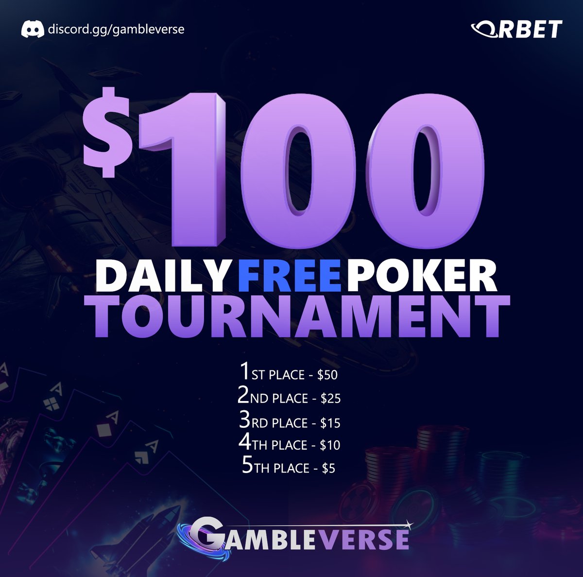 The_GambleVerse's tweet image. Risk and Win at Gambleverse💸

JOIN US and get a chance to win up to $50 on our Daily FREE POKER Tournament!🏆

How to participate? 
- Just follow 
@The_Gambleverse and @Orbet 

- Join discord.gg/gambleverse
- Invite a friend  

See you on the table G!🃏