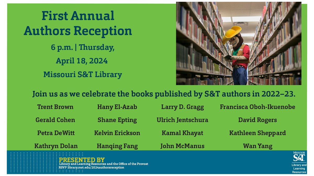 Tonight's the night!!!!! Come by the library tonight to celebrate all the authors from 2022-23. You can also watch it live here: umsystem.zoom.us/j/96957962146. #sandtlibrary #authorsofmst #authorreception