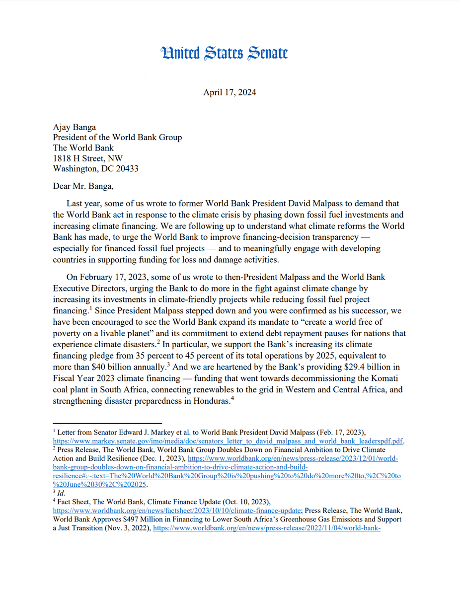 1/7.📢Important letter from US🇺🇸 Senators' @SenMarkey, @SenWhitehouse, & @SenatorHeinrich to @WorldBank president Ajay Banga, calling for the Bank to stop #FossilFuel financing and to ensure direct access to the #LossAndDamage Fund. #WBGMeetings🤯 🔗See: markey.senate.gov/news/press-rel…