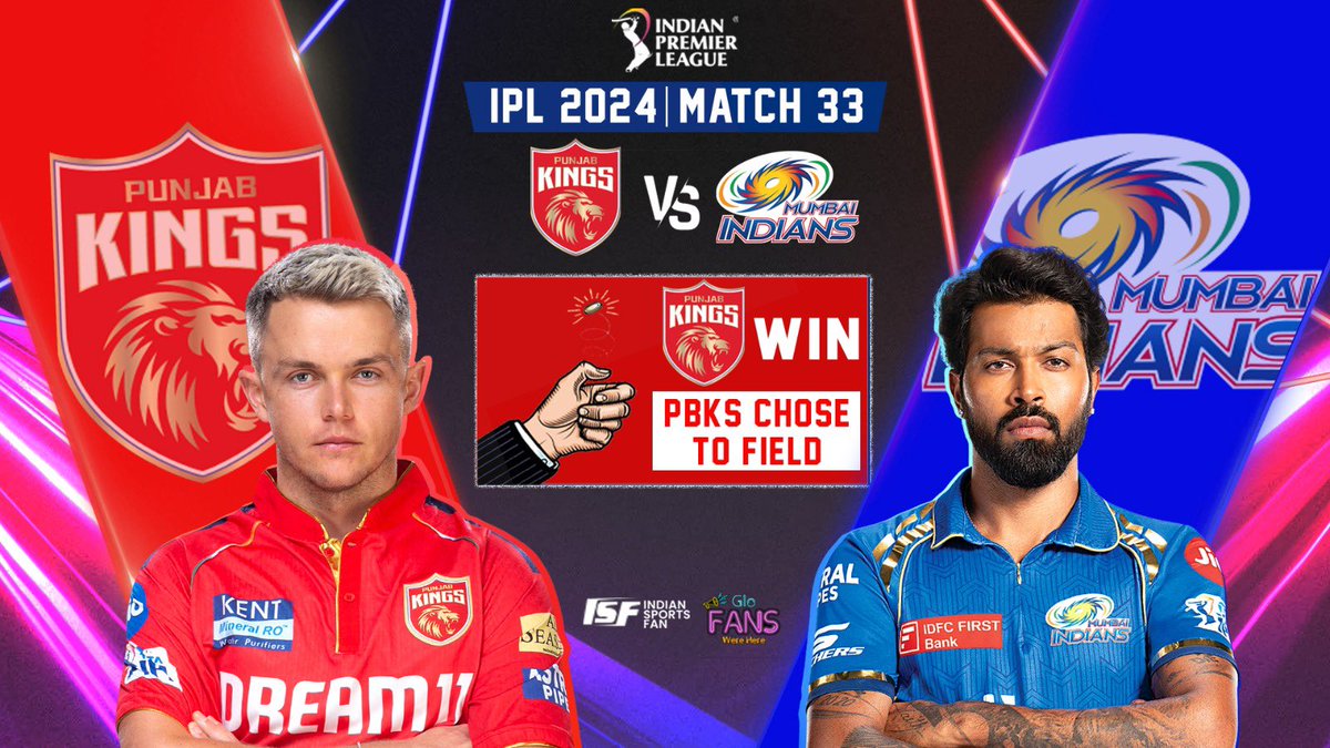 IPL 2024 🏏 Match 3️⃣3️⃣ Punjab Kings 🆚 Mumbai Indians 🪙 TOSS: Punjab won the toss and elected to field. First time they have won the toss at home this season! #PBKSvsMI #IPL2024 #CricketTwitter  #Trending2024 #BREAKING_NEWS