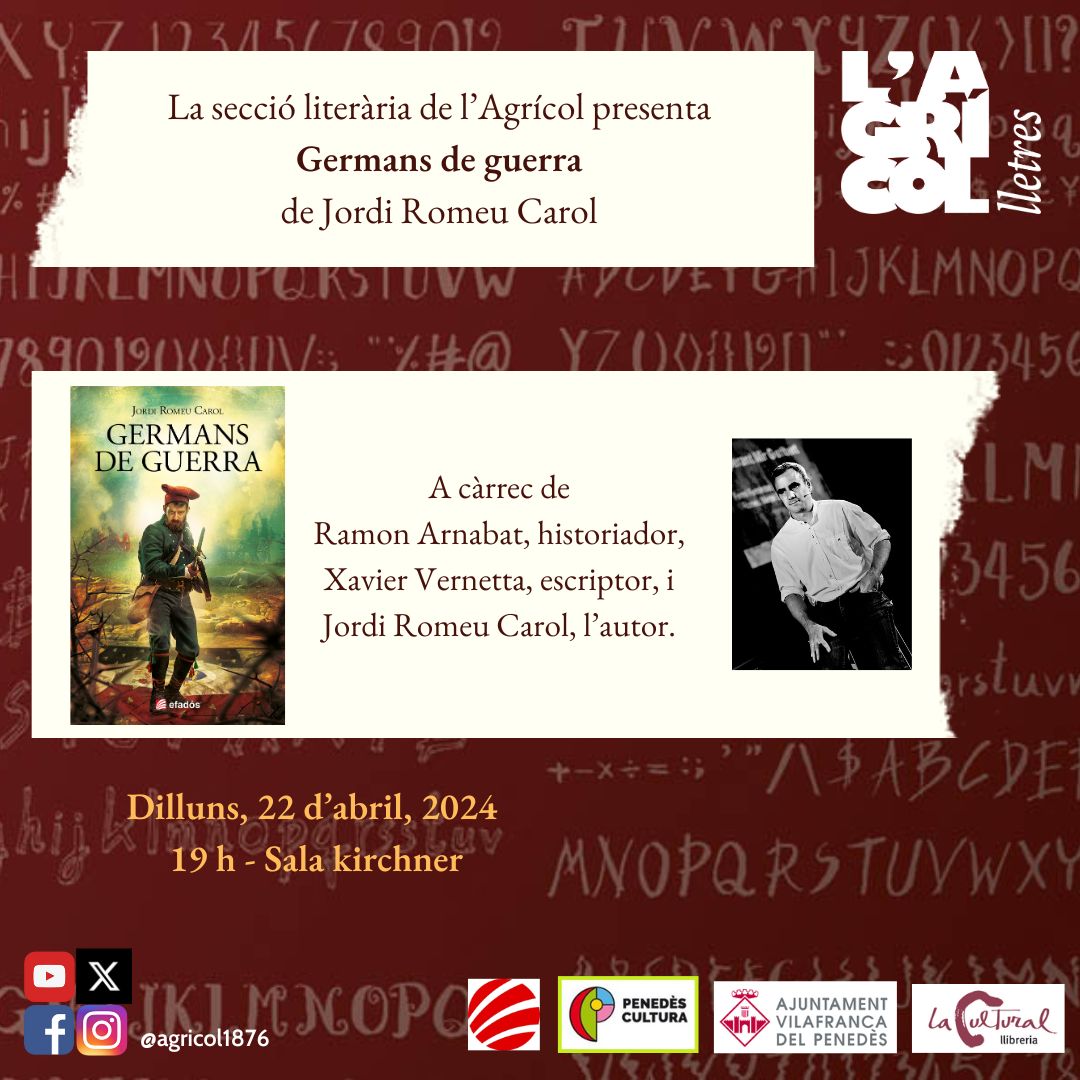 Dilluns, 22 d'abril, a les 19 h Jordi Romeu Carol ens parlarà de la seva novel·la GERMANS DE GUERRA @jordiromeucarol