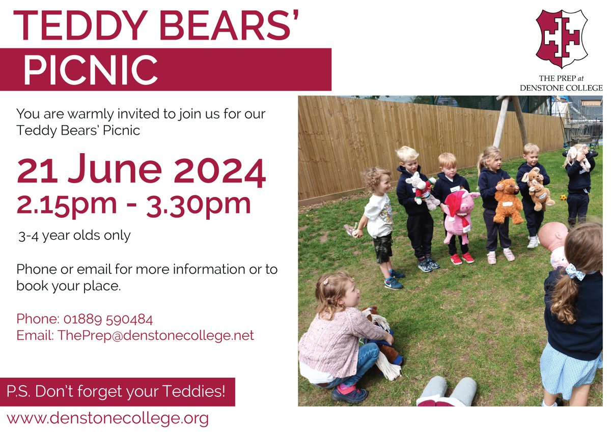 The Prep at Denstone College (@prepdenstone) on Twitter photo CALLING ALL 3 & 4 YEAR OLDS (and their Teddies)!
Join us on 21st June for our Teddy Bears' Picnic.
Book your place or find out more.
Phone: 01889 590484
Email: ThePrep@denstonecollege.net
#ItStartsHere #TPDC #PrepSchool CALLING ALL 3 & 4 YEAR OLDS (and their Teddies)!
Join us on 21st June for our Teddy Bears' Picnic.
Book your place or find out more.
Phone: 01889 590484
Email: ThePrep@denstonecollege.net
#ItStartsHere #TPDC #PrepSchool