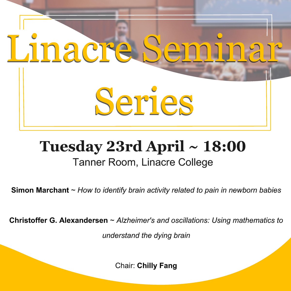 The Linacre Seminar Series is back for Trinity Term!

Don’t miss the first seminar next week with fascinating research presentations from Linacre members, lively academic discussion and of course delicious refreshments.

#LinacreCollege #LifeatLinacre #LinacreCollege
