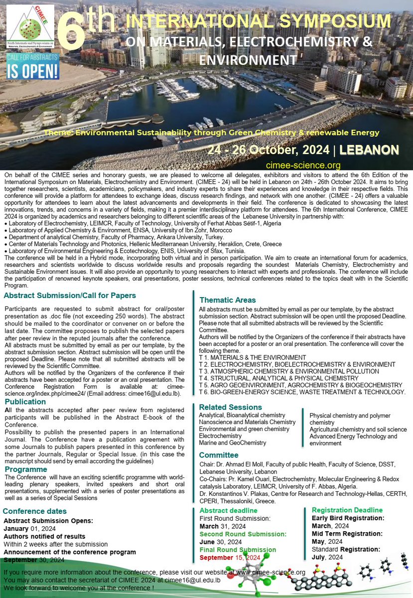 aelmoll's tweet photo. Dear Colleagues,
On behalf of the Organizing Committee, we welcome you to join the upcoming Sixth International Symposium CIMEE24  https://t.co/eigOcmfpGq.
Best regards https://t.co/7g2cMtJt8M