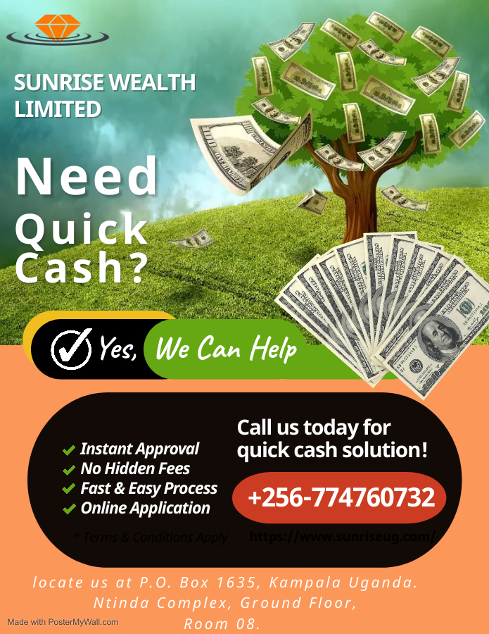 SunriseWealthUg's tweet photo. oyagala ssente ez’amangu ?Sunrise Wealth limited has your back💰let us help you seize financial opportunities and achieve your goals. Here at https://t.co/3bJlEPx7VQ,we're more than just another loan company,we're your financial partner #loan #money #finance #loans #credit #money https://t.co/zFaI81FiBP