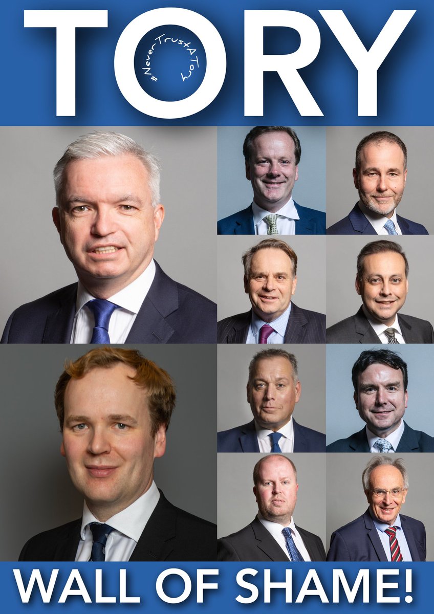 Two more #ToryMPs and the Tories will have a 'Dirty Dozen'.

The Tory wall of shame.

Anything goes under Sunak.

#ToriesOut651
#SunakOut541
#TorySleaze
#GeneralElectionNow