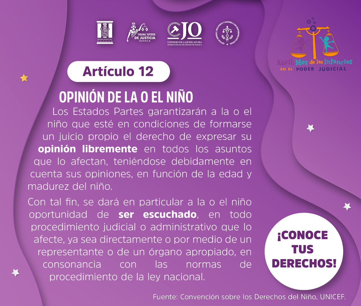 tsjoaxaca's tweet photo. #ConoceTusDerechos 

La garantía del derecho a participar logra el efectivo ejercicio de los derechos de los NNA al reconocerlos como sujetos de derecho, y a la vez que permite que el o la juzgadora obtenga los elementos necesarios para definir su situación.

#MesDeLasInfancias https://t.co/O9knQSKsH5