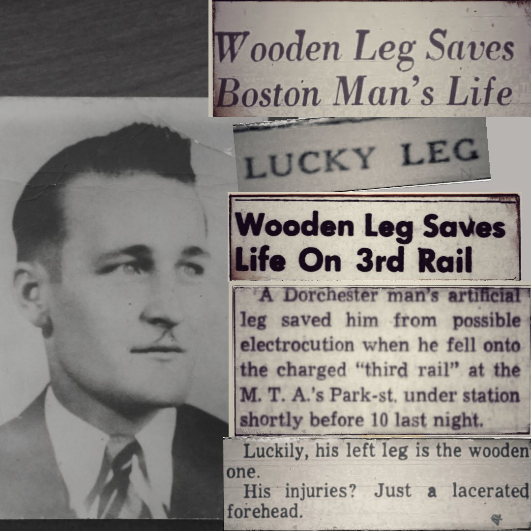 Strange but true #MBTA story: in 1955 my grandfather fell onto the tracks at Park Street station and touched the third rail. But thanks to his wooden leg, he wasn't electrocuted. The crazy story of his “lucky leg” appeared in newspapers across the country.