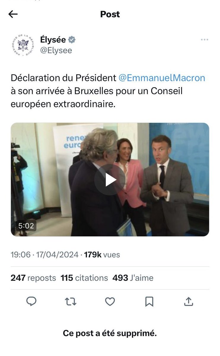Ce tweet supprimé par l’Élysée est un concentré de Macronisme : 👉 Mépris de la loi : moyens de l’Etat au service d’une campagne = interdit par le Code électoral. 👉 Mépris de la France avec sa souveraineté européenne. 👉 Mépris des Français avec son verbiage & son arrogance.