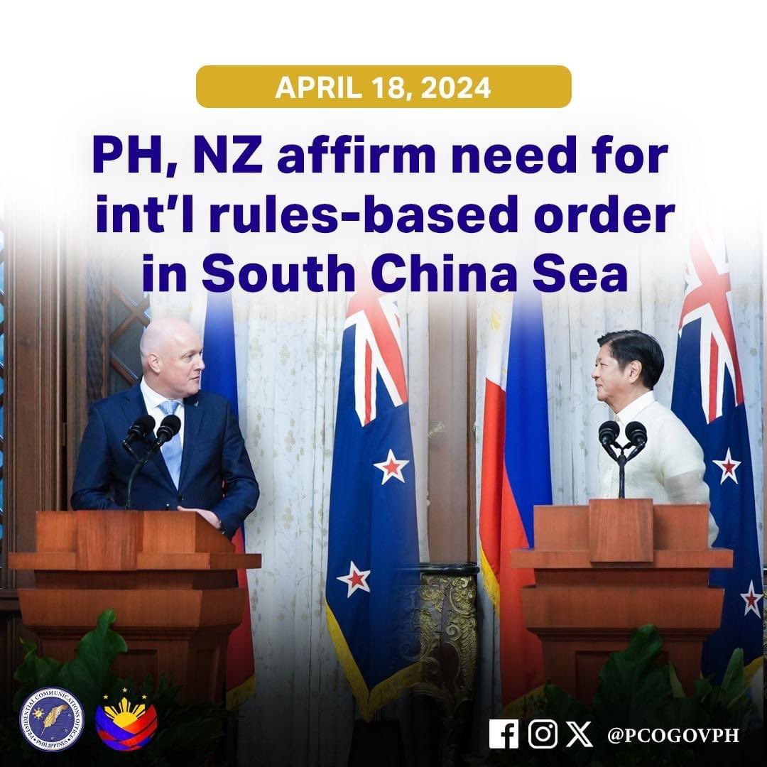 President Ferdinand R. Marcos Jr. and New Zealand Prime Minister Christopher Luxon acknowledged on Thursday the international rules-based order as they both shared serious concern over recent developments in the South China Sea. Read: pco.gov.ph/PH-NZ-affirm-n…