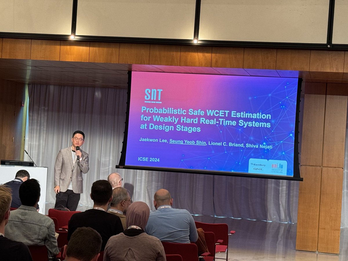 Seung Yeob Shin is presenting our ACM TOSEM paper on estimating WCET for real time tasks in weakly hard real-time systems, which are common in practice. In collaboration with QNX Blackberry. #icse2024