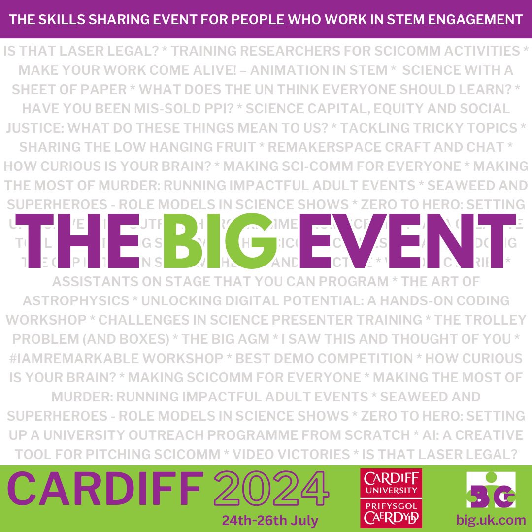 Early bird booking is open for this year’s BIG Event which takes place at @cardiffuni from 24th-26th July. Planning on coming for all three days of the conference? This is THE time to book! Pay by card or request an invoice when you register at big.uk.com