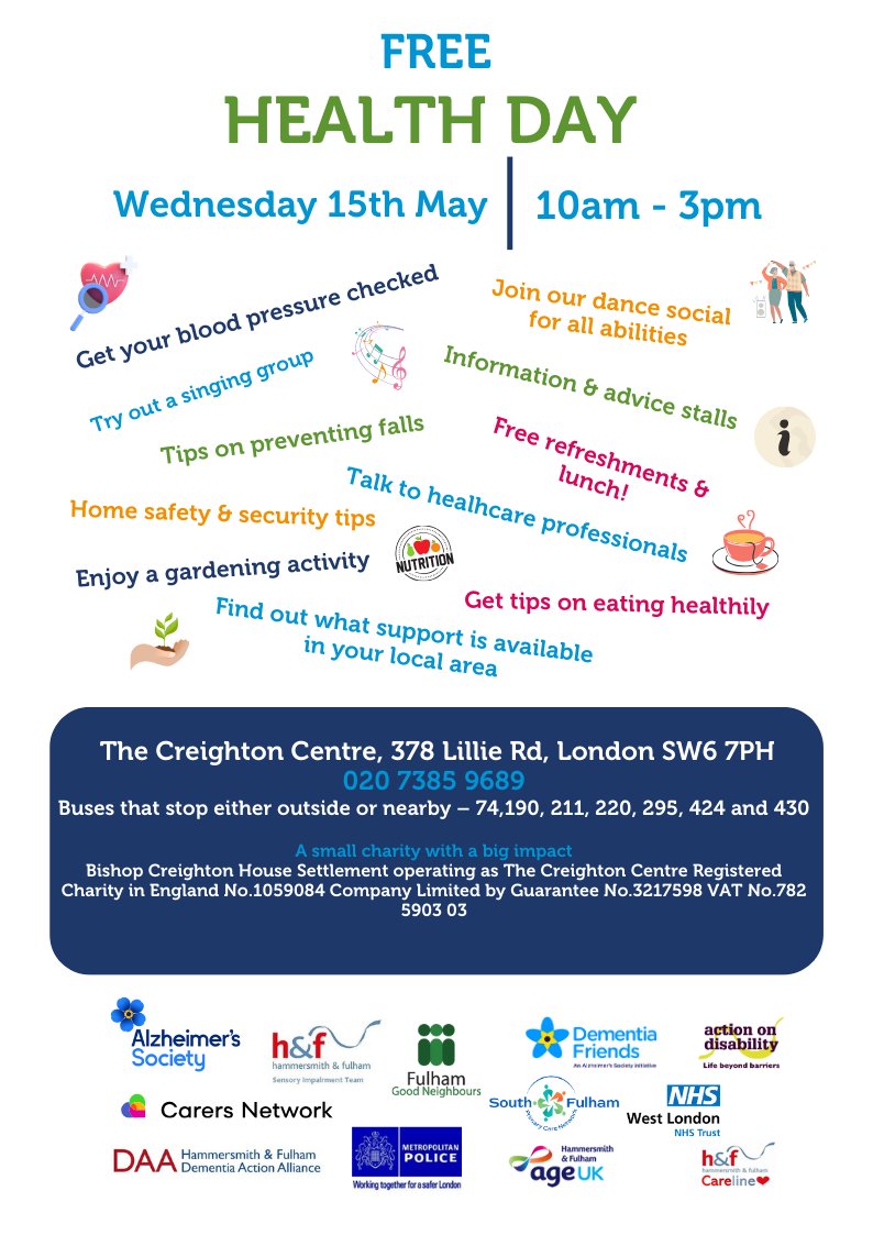 We are so excited for our annual FREE Health Day 2024, Wednesday 15th May from 10am - 3pm at The Creighton Centre.
Come along to access - Health & wellbeing information stalls, taster activities, health checks, free lunch & line dancing fun!

#healthchecks #communityengagement