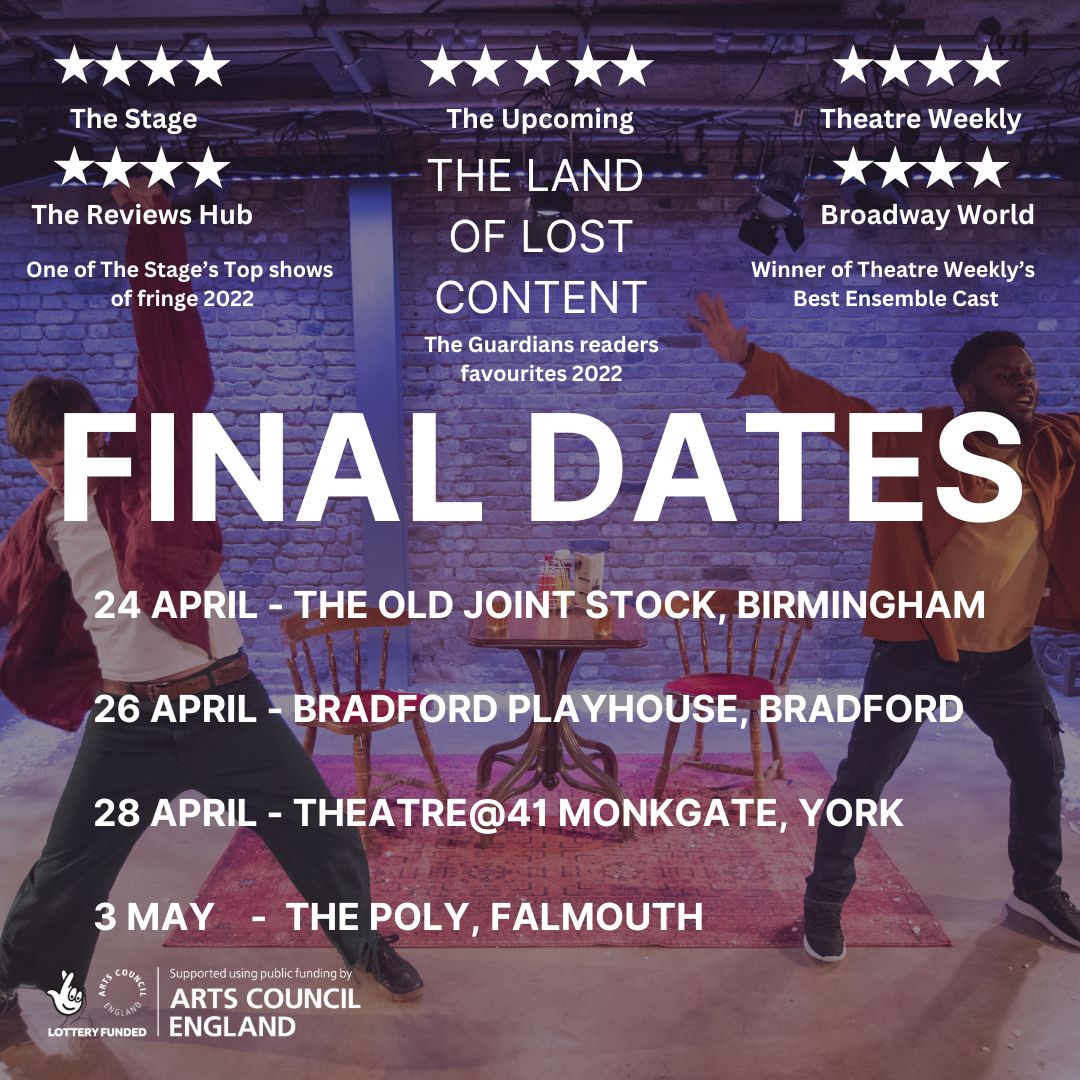 content_land's tweet photo. Last two weeks to catch us before we're gone!
@OldJointStock @BradPlayhouse @41monkgate @PolyFalmouth https://t.co/ebUqGBHbqU