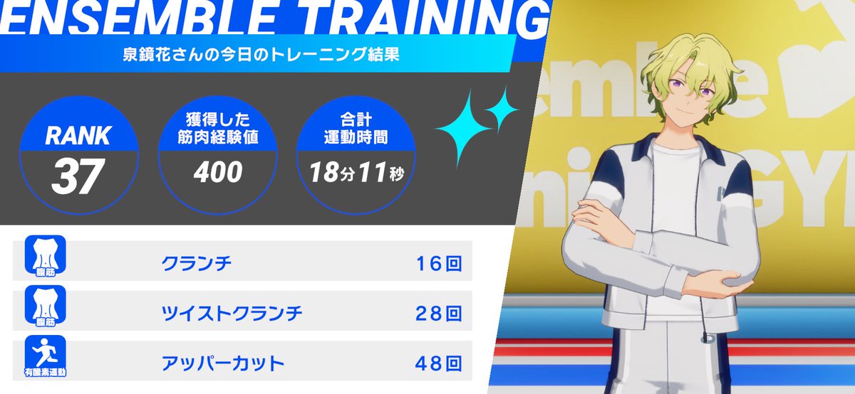 💪あんさんぶるトレーニング！！💪

瀬名 泉くんとの
7日目のトレーニングを完了✨

今日は巴 日和くんと一緒に『クランチ』などをやりました❗

あんスタ健康にいい