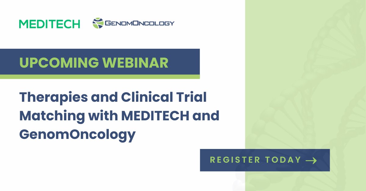 Register today for our webinar on Thursday, April 25 at 12 pm ET to discover how @MEDITECH seamlessly integrated GenomOncology’s Precision Oncology Platform into #Expanse Genomics to streamline clinical trial & therapy matching. genomoncology.zoom.us/webinar/regist… #PrecisionMedicine