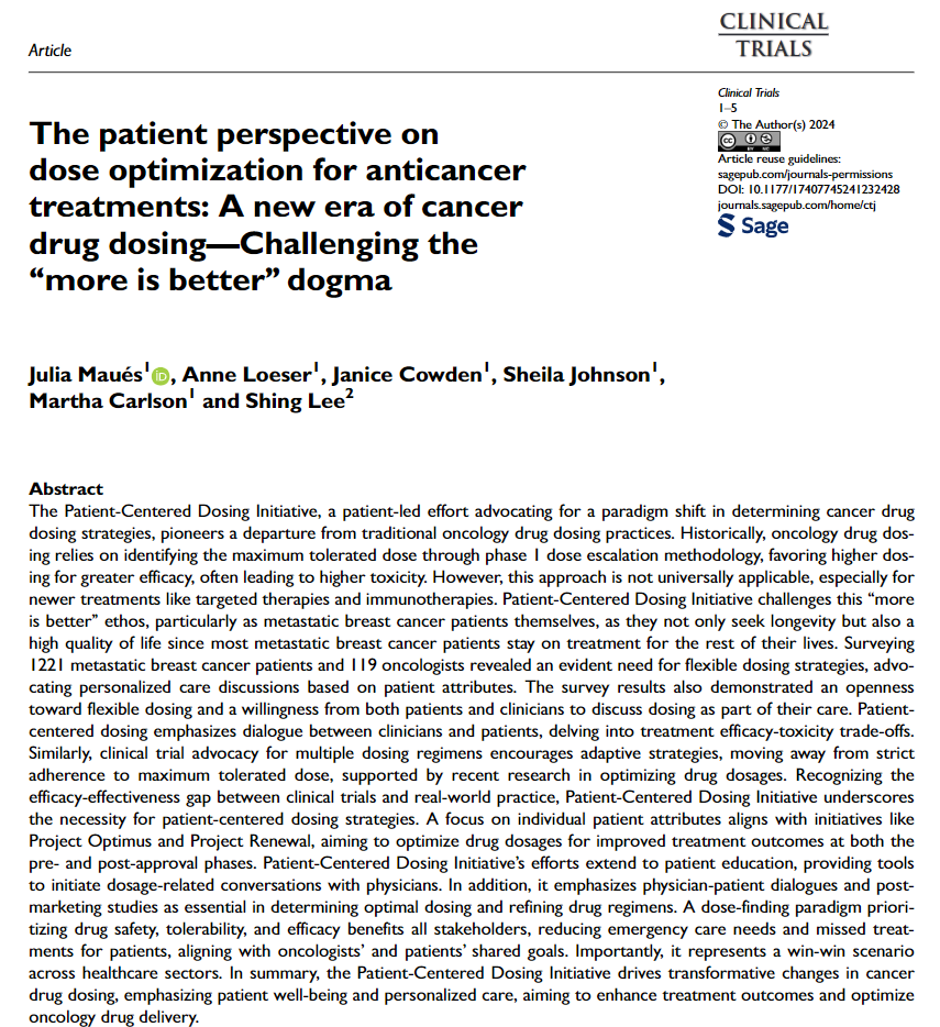 Julia Maues and other patient advocates from the Patient-Centered Dosing Initiative weigh in on their views on patient-centered dosing in this article in a series that addresses dose optimization in early phase cancer trials. @the_rightdose @itsnot_pink @SCTorg @LGM_biostats #FDA
