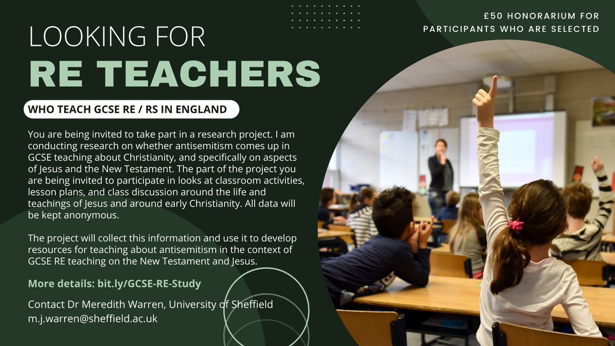 Still looking for a few RE GCSE teachers. I am researching whether antisemitism comes up in GCSE teaching around the New Testament/Life of Jesus/Christianity. DM/email for further info (£50 honorarium if selected). bit.ly/GCSE-RE-Study #TeamRE