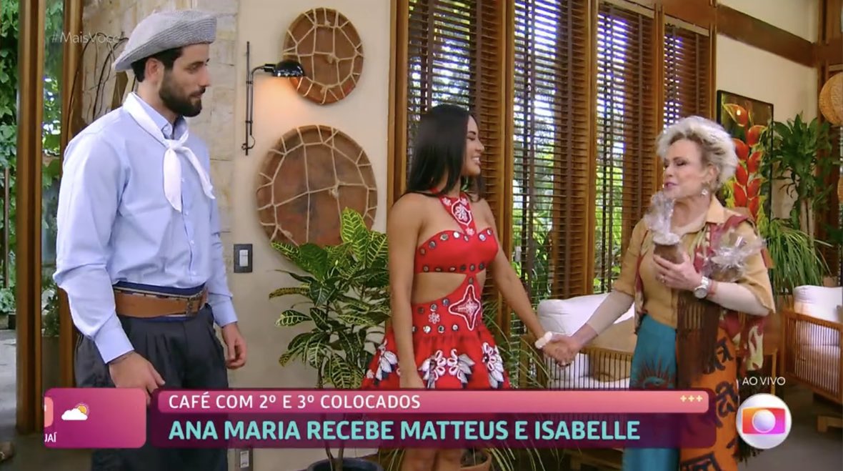 Ana Maria Braga: “Vou receber o casal do momento. O Matteus ficou em 2º lugar e a Isa em 3º, mas eles ganharam um grande prêmio, o amor na reta final do jogo.” #MaisVocê #BBB24