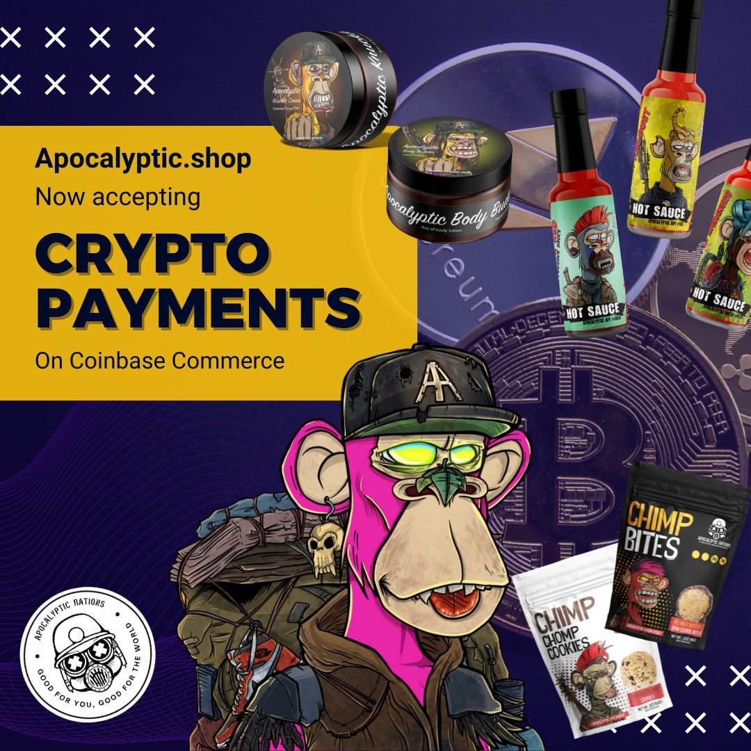 apocalyptratns's tweet photo. 🚀 Exciting News! 🚀 #AAPES
 https://t.co/ApJ04ORe1c is now embracing the future with open arms by accepting cryptocurrency payments! 💰

🔒 Secure, private, and future-proof. Shopping has never been smoother! Indulge in tasty rations of #ChimpBites, #ChimpChompCookies, your favorite #AAhotsauces, Doc's Apothecary hair and skincare products, and more!! with Apocalyptic Rations!