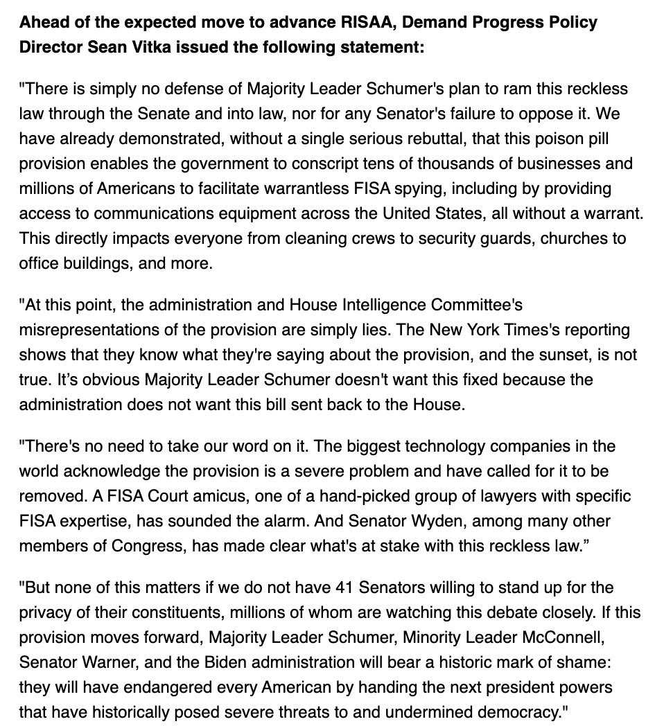 🚨 The Senate will be voting today on RISAA. See below from @demandprogress. Please call your Senators to vote “No” on RISAA. Call 202-899-8938 to be connected to your Senators and leave a message asking them to VOTE NO to RISAA Reject the “Everyone Is A Spy” bill.