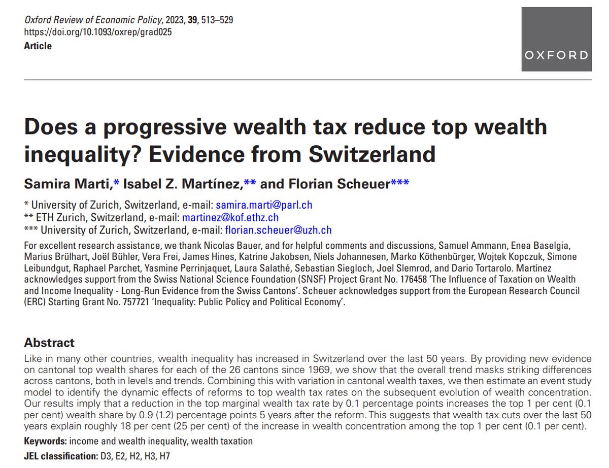 Welchen Effekt die Besteuerung von Vermögen in der Schweiz auf die #Vermögenskonzentration bei den Reichsten hat, analysieren @SamiraMarti, @IZMartinez86, @Florian_Scheuer in unserem #PaperderWoche. Die wichtigsten Ergebnisse hat @LenaRauscher_ für euch zusammengefasst. 1/