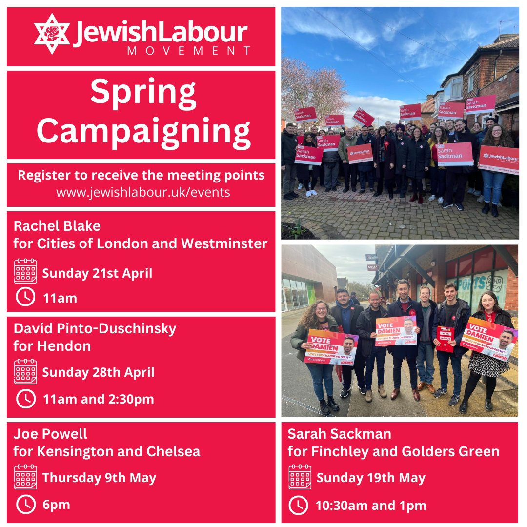 Join JLM on the doorstep in April and May as we campaign for some brilliant candidates across London This Sunday, we'll be knocking on doors for @RNBlake in Cities of London and Westminster Make sure you sign up to receive the meeting instructions: jewishlabour.uk/jlm_campaign_d…