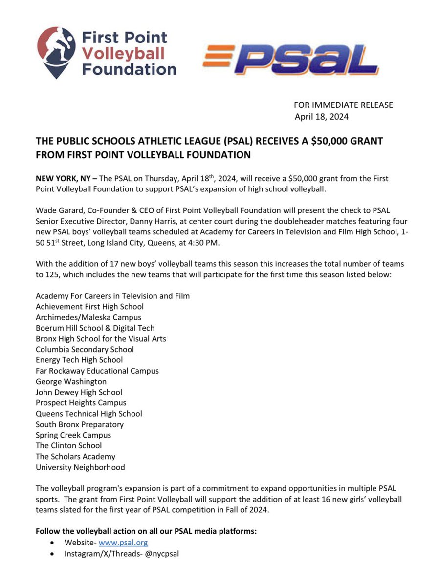 Later this afternoon at Academy for Careers in Television and Film H.S, the PSAL and First Point Volleyball will come together in what will be a huge day for PSAL volleyball. #psalvolleyball #firstpointvolleyball #volleyball