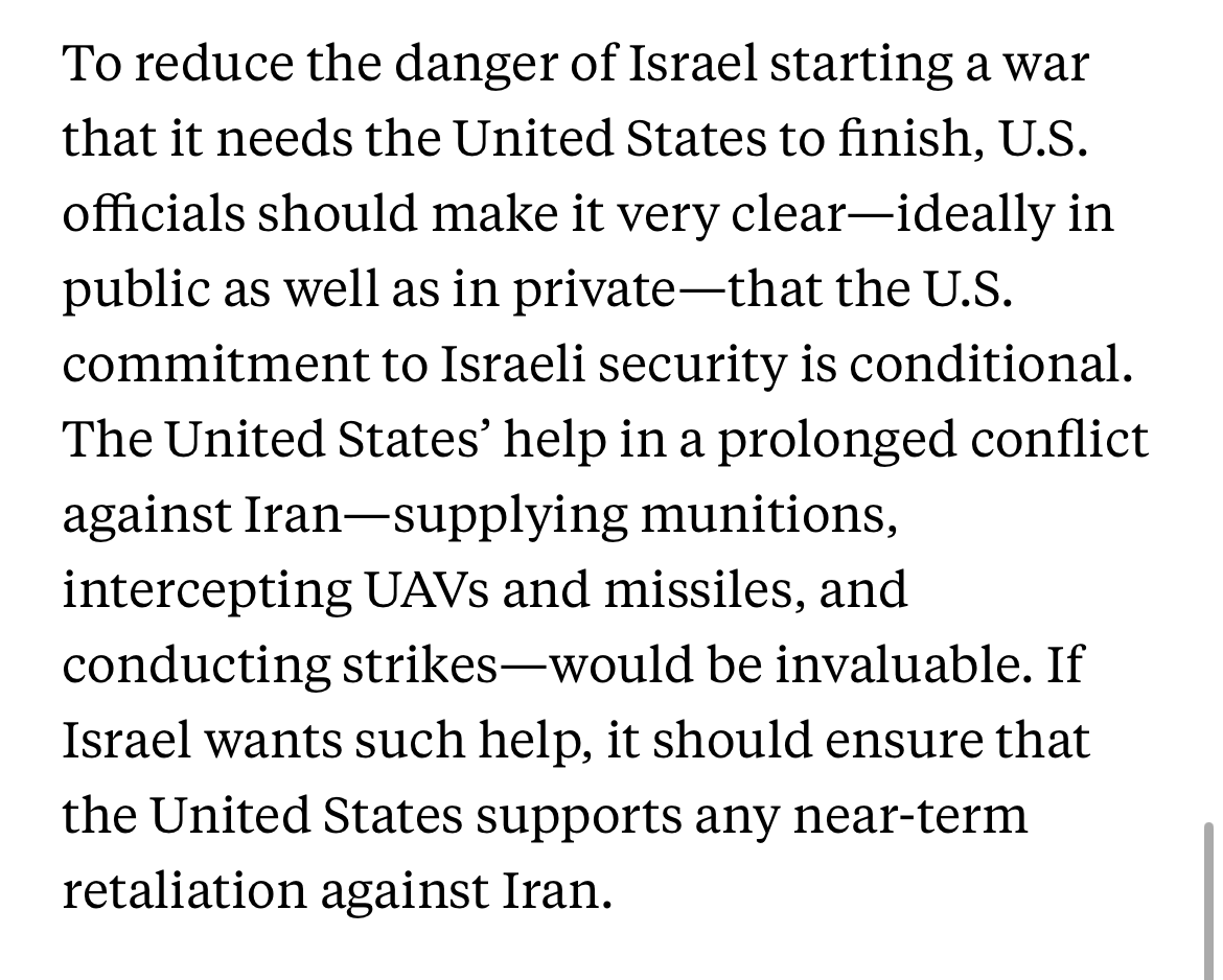 But, if Israel isn't willing to temper its actions in return for a U.S. security commitment, it shouldn't get an unconditional commitment.

So the Biden administration--ideally Biden personally--should convey the following message, publicly and privately. (8/n)