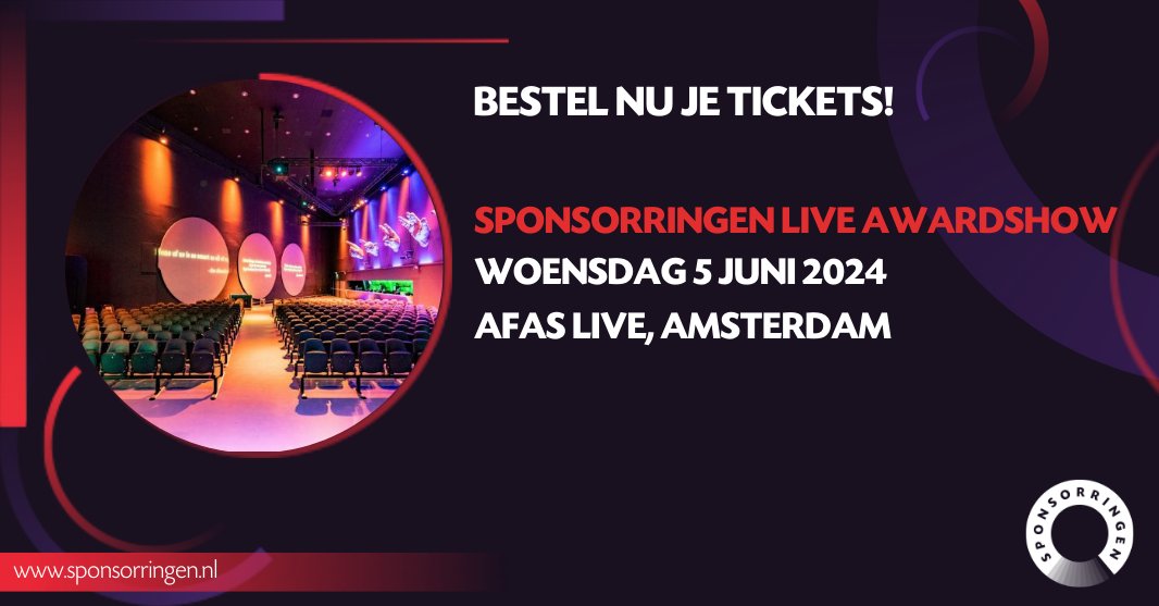 De inschrijving voor de awardshow is geopend!

Op woensdag 5 juni reiken we in AFAS Live de SponsorRingen uit. We zetten de winnende cases in het zonnetje en vieren een feestje met elkaar rond ons mooie vakgebied.

Ben jij er ook bij? Meld je nu aan via: sponsorringen.nl/nieuws/inschri…