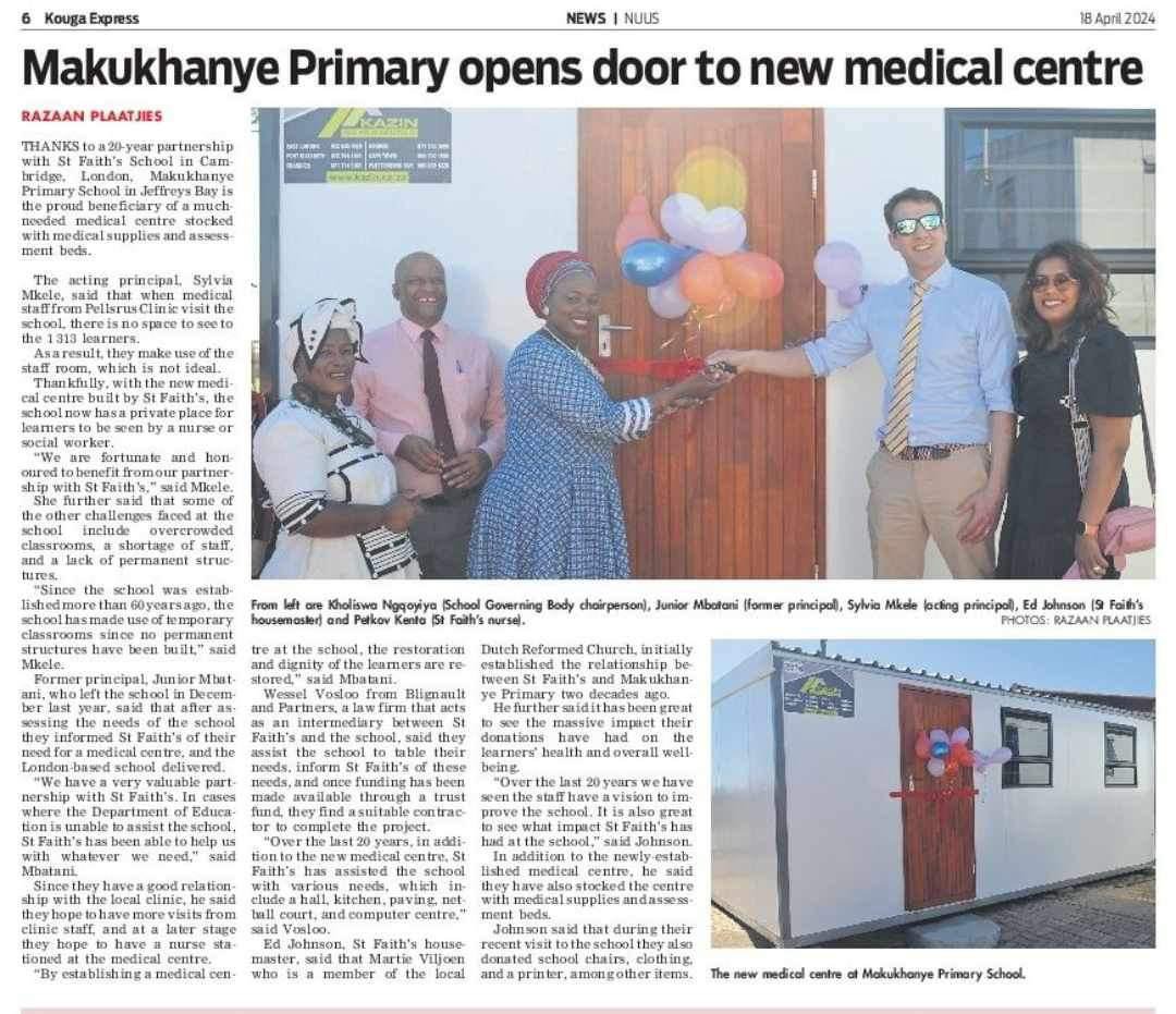 A lovely write up in the Kouga Express newspaper about St Faith's visit to Makukhanye Primary School and the inauguration of the Makukhanye Medical Center #wyverns