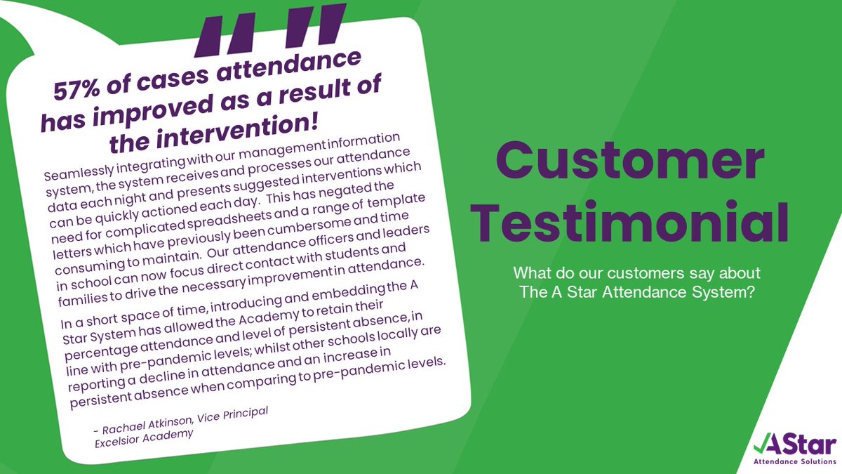 Don't just take our word for it, see what our customers are saying about The A Star Attendance System?

Book a free demo today! 
astarattendance.com
hello@astarattendance.com

#attendance
#customertestimonal
#freedemo
#schoolleaders